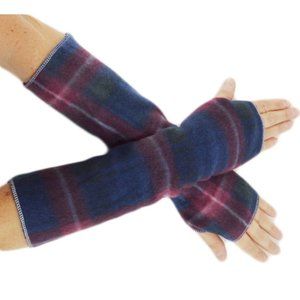 Blue Burgundy Plaid Fleece Arm Warmers Texting Gloves Winter Women's Men's Warm